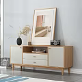 Modern TV Stand With Light Wood White Finish Storage Drawers And Mirror Decor