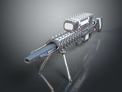 Sci Fi Futuristic Firearm With Spiked Barrel Tripod Stand And Rectangular Device 3d model