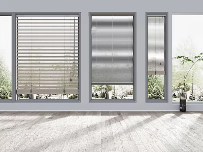 Interior Window Blinds In Bright Room With Wooden Floor And Outdoor Greenery View 3d model