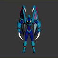 Futuristic Blue And Pink Armored Game Movie Character With Wing Like Structures And Sharp Claws