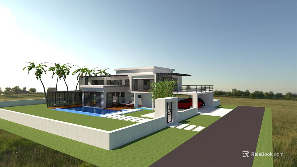 Modern Detached Villa With Swimming Pool Palm Trees Green Lawn And Driveway 3d model 