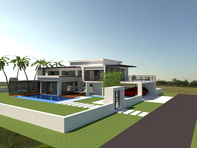 Modern Detached Villa With Swimming Pool Palm Trees Green Lawn And Driveway 3d model