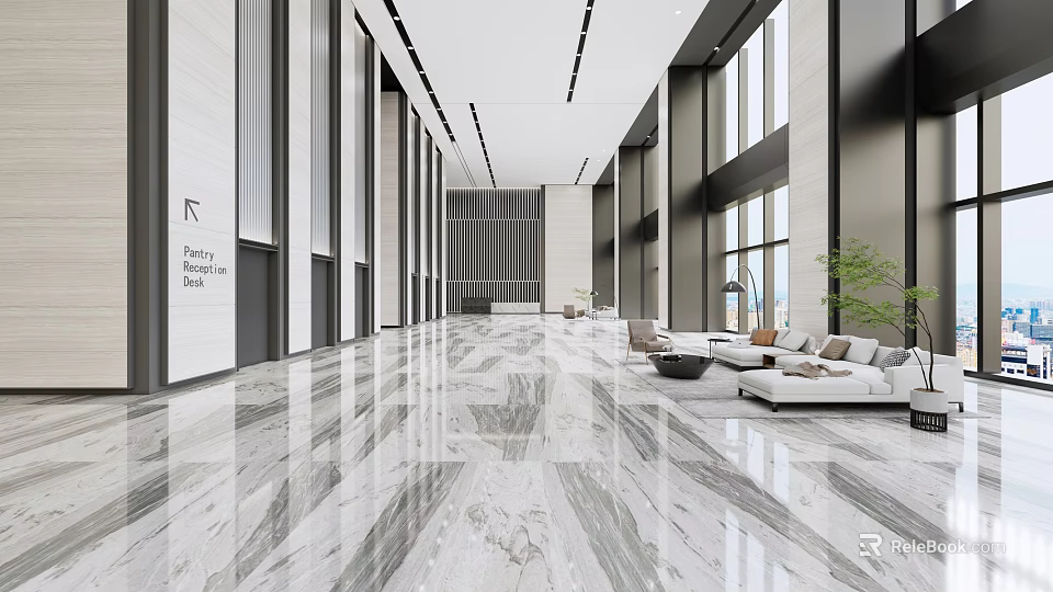 Modern Spacious Public Office Space With Marble Flooring Sofa Seating And Floor to Ceiling Windows 3d model 
