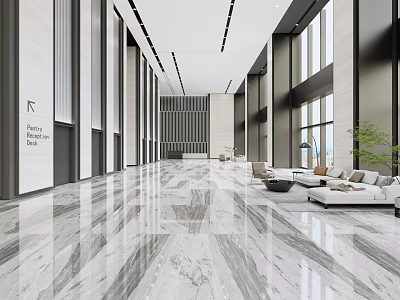 Modern Spacious Public Office Space With Marble Flooring Sofa Seating And Floor to Ceiling Windows 3d model