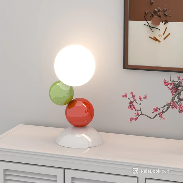 Table Lamp with Illuminated White Globe Green Red Spheres and White Base on White Shelf 3d model 
