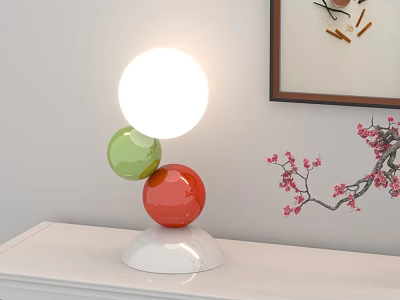 Table Lamp with Illuminated White Globe Green Red Spheres and White Base on White Shelf 3d model