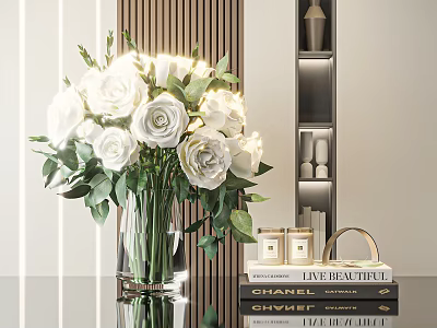 White Roses in Transparent Vase with Books and Small Decor on Modern Table Wooden Background 3d model