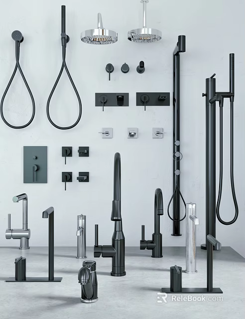 Various Modern Bathroom Faucets With Shower Systems Black And Silver Finish And Control Panels 3d model 