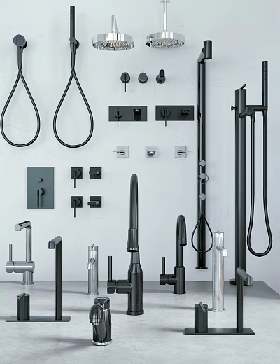 Various Modern Bathroom Faucets With Shower Systems Black And Silver Finish And Control Panels 3d model