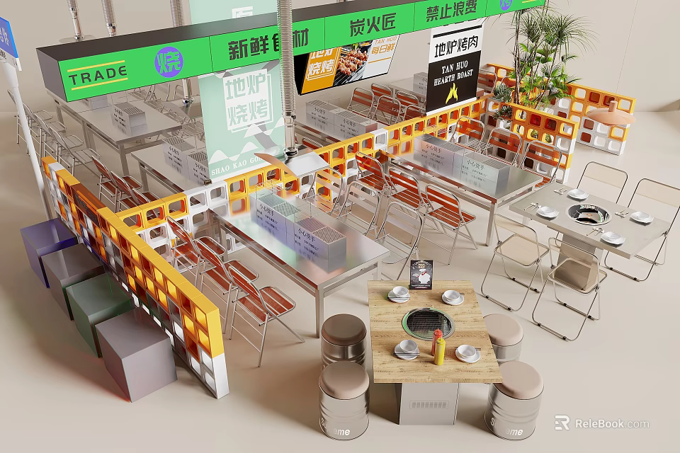Commercial Durable Barbecue Restaurant Dining Table And Chair Combinations For Comfortable Indoor Dining Space 3d model 