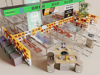 Commercial Durable Barbecue Restaurant Dining Table And Chair Combinations For Comfortable Indoor Dining Space 3d model
