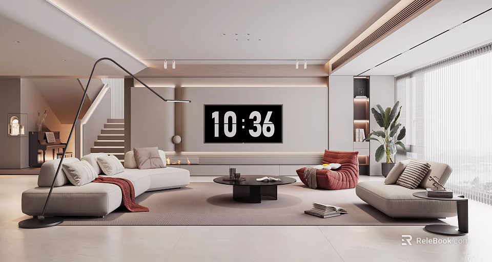 Modern Living Room Interior With Sofa Red Armchair Coffee Table Staircase And Large Screen 3d model 