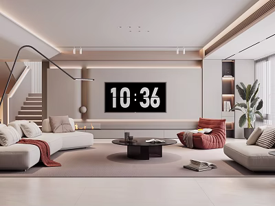 Modern Living Room Interior With Sofa Red Armchair Coffee Table Staircase And Large Screen 3d model