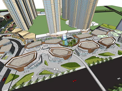 Modern High Rise Office Buildings With Plaza Greenery And Circular Structures 3d model
