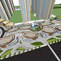 Modern High Rise Office Buildings With Plaza Greenery And Circular Structures