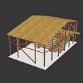 Wooden Building Frame Structure With Sloped Roof Support Beams And Staircase