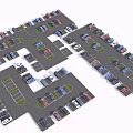 3D Parking Lot Layout With Organized Colored Vehicles And Multiple Areas 3d model