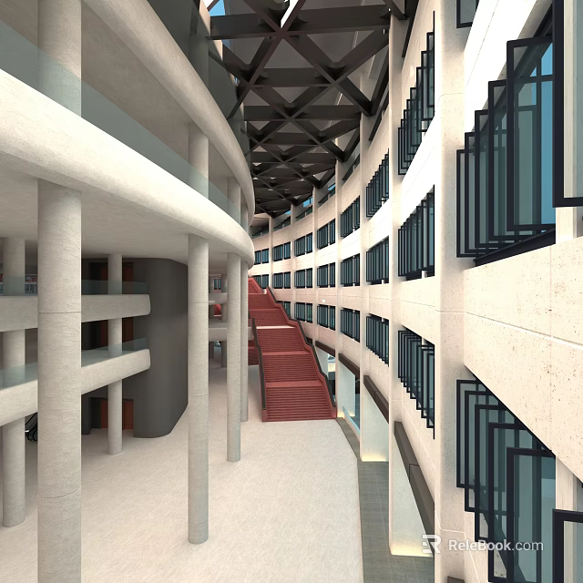 Modern Architectural Interior Space With White Columns Red Stairs And Black Window Frames 3d model