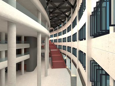 Modern Architectural Interior Space With White Columns Red Stairs And Black Window Frames 3d model