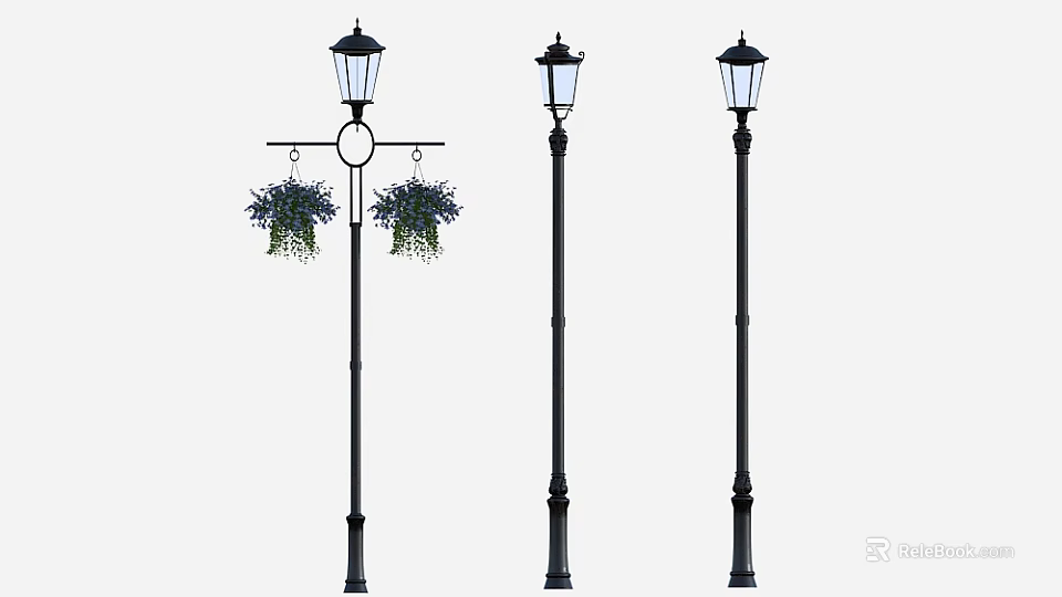 Vintage Outdoor Street Lamps with Decorative Hanging Flower Baskets and Purple Flowers 3d model 