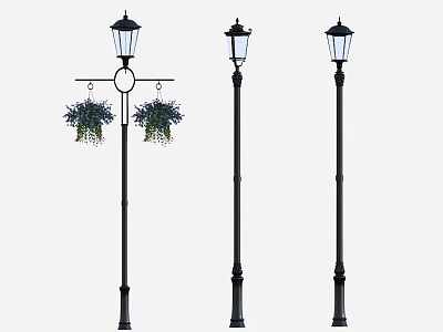 Vintage Outdoor Street Lamps with Decorative Hanging Flower Baskets and Purple Flowers 3d model