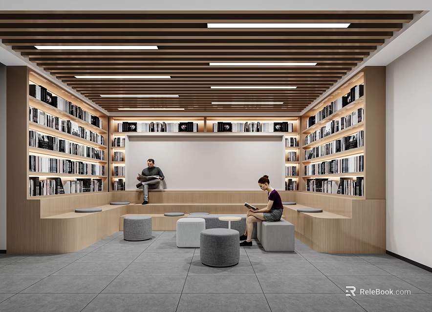 Modern Lounge Area With Wooden Bookshelves And Relaxing Reading Seating For Two People 3d model 