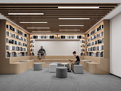 Modern Lounge Area With Wooden Bookshelves And Relaxing Reading Seating For Two People 3d model
