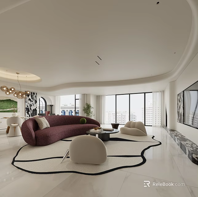 Modern Living and Dining Room With Purple Sofa Circular Rug And Floor to Ceiling Windows 3d model 