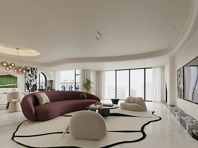 Modern Living and Dining Room With Purple Sofa Circular Rug And Floor to Ceiling Windows 3d model