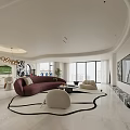 Modern Living and Dining Room With Purple Sofa Circular Rug And Floor to Ceiling Windows