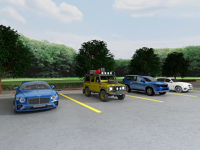 Different Colored Cars Parked In Lot With Trees Green Grass And Cloudy Sky 3d model