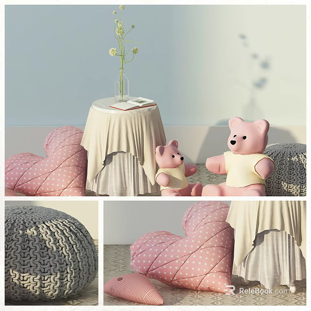 Teddy Bear Doll in Yellow Shirt with Pink Heart Shaped Pillow Small Table and Vase 3d model 