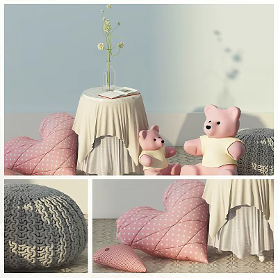 Teddy Bear Doll in Yellow Shirt with Pink Heart Shaped Pillow Small Table and Vase 3d model