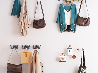 Practical Wall Hooks Organizing Coats Leather Bags And Beige Scarves In Entryway 3d model