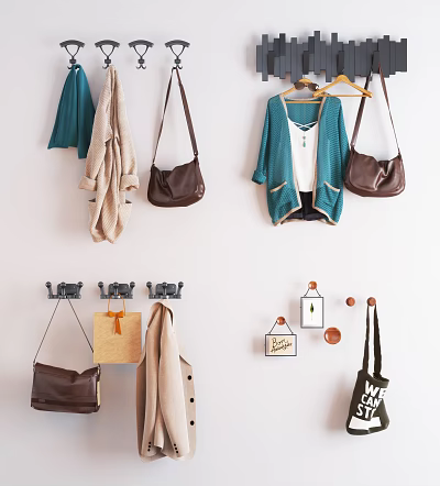 Practical Wall Hooks Organizing Coats Leather Bags And Beige Scarves In Entryway 3d model