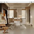 Modern Open Concept Dining Area With Wooden Table Chairs Artwork Pendant Light And Blinds
