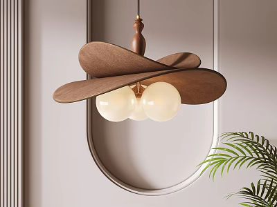 Modern Wooden Pendant Light with Curved Blades White Spherical Bulbs Circular Mirror and Green Plant 3d model