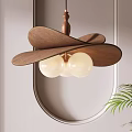 Modern Wooden Pendant Light with Curved Blades White Spherical Bulbs Circular Mirror and Green Plant