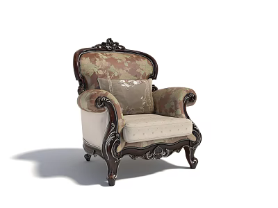 Classic Single Sofa Featuring Carved Wooden Legs Floral Fabric Upholstery And Decorative Pillow 3d model