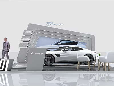 LEADMOTOR Exhibition Booth With White Car Display Screen Tables And Chairs 3d model