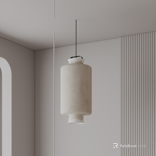 Minimalist Beige Cylindrical Pendant Light In Modern Interior With Vertical Stripes Wall 3d model 