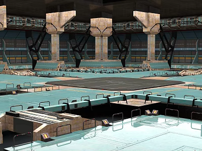 Futuristic Industrial Indoor Space With Multi Level Platforms Metal Pillars And Railings 3d model