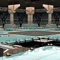 Futuristic Industrial Indoor Space With Multi Level Platforms Metal Pillars And Railings