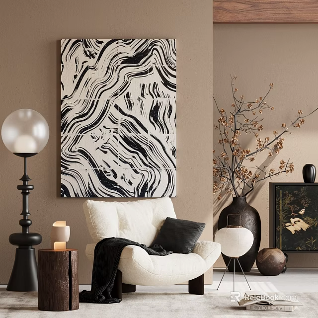 White Accent Chair Modern Interior With Black White Marbled Wall Art Floor Lamp Decorative Vase 3d model 