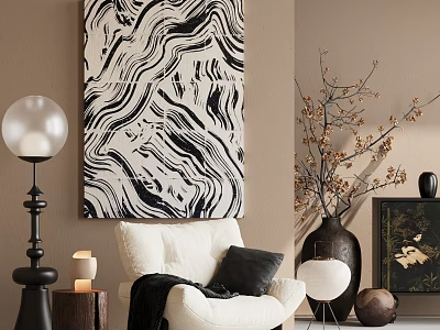 White Accent Chair Modern Interior With Black White Marbled Wall Art Floor Lamp Decorative Vase 3d model