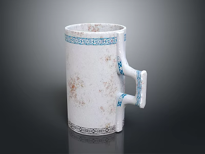 White Ceramic Cup With Blue Decorative Trimming Double Handles and Brownish Marks 3d model