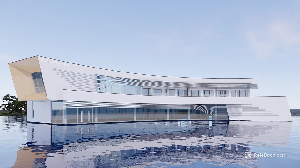 Modern White Building With Streamlined Design And Glass Curtain Walls By Waterfront 3d model 