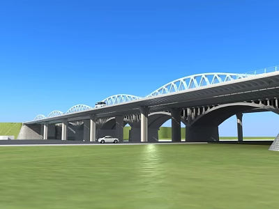 Modern Steel Truss Arch Bridge Under Blue Sky With Cars Passing Over Green Field 3d model