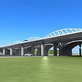 Modern Steel Truss Arch Bridge Under Blue Sky With Cars Passing Over Green Field