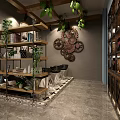 Cozy Beauty Hair Salon Interior With Green Plants Brick Wall And Wooden Shelves